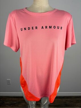 Under Armour Pink & Orange Colorblock Mesh Hem Workout Tee